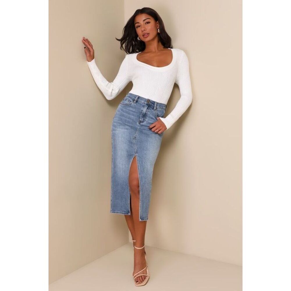 Lulus Uniquely Trendsetting Medium Wash High Rise Denim Midi Skirt Blue - Size M